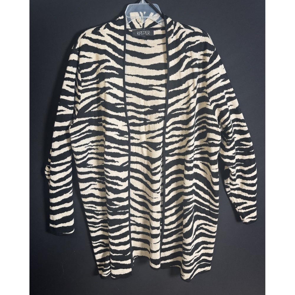 Kasper Women's Cardigan Blazer Tan Black Zebra Tiger Wool Blend 2XL Plus‎ Jacket
